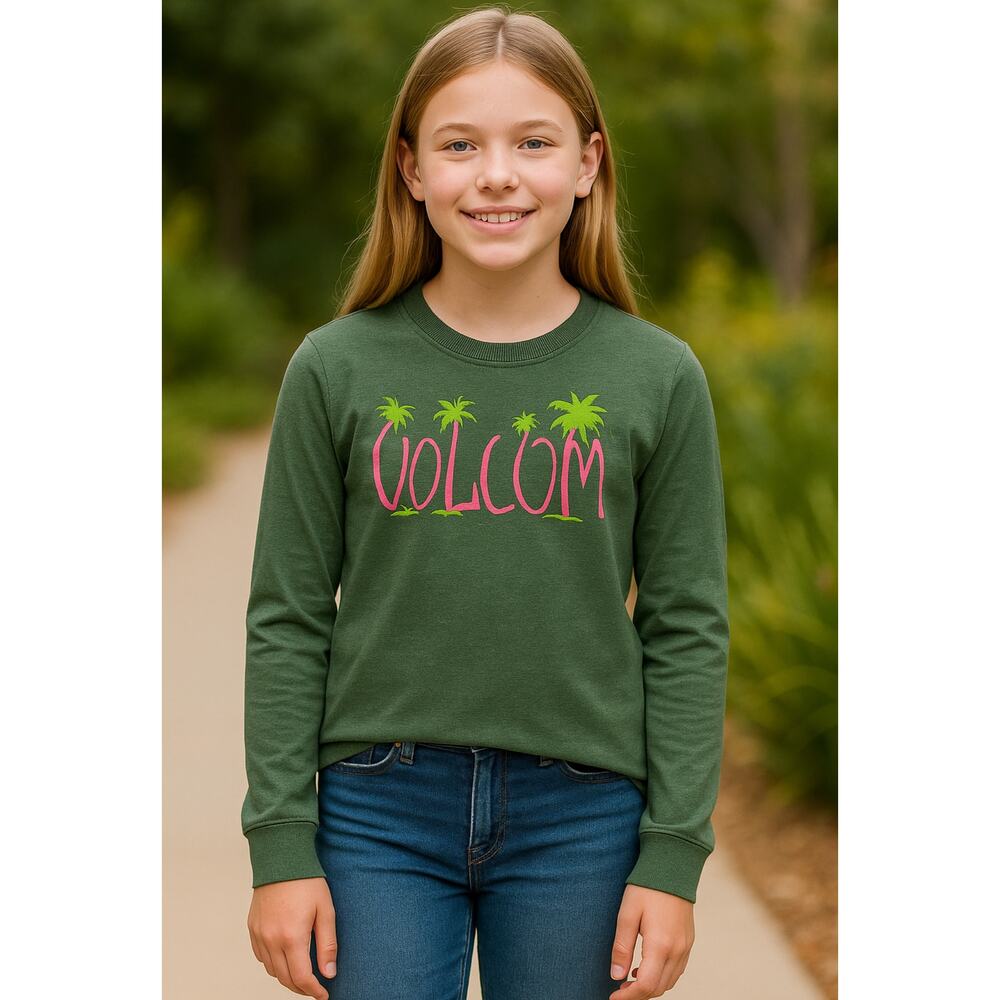Volcom Girls Medium 8/10 Green Long Sleeve Shirt Palm Tree Logo NWT Casual